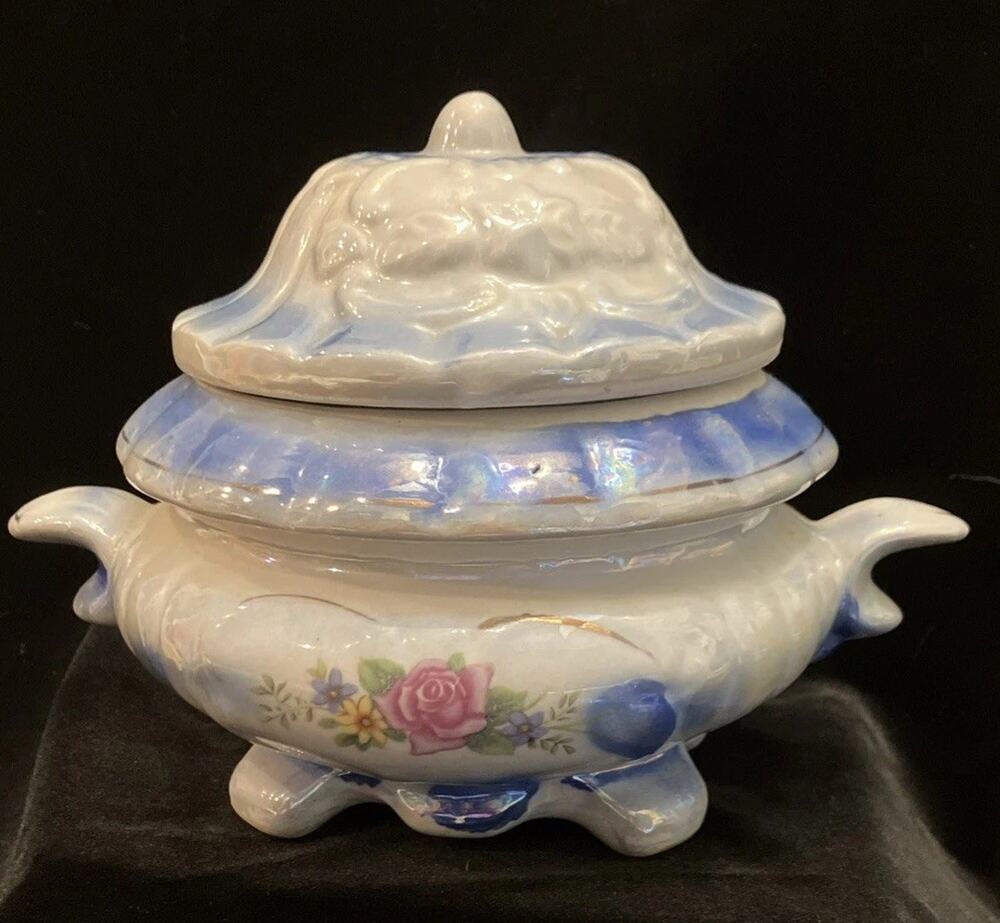 VTG Blue Floral Rose Lusterware Porcelain Footed Trinket Jewelry or Candy Dish
